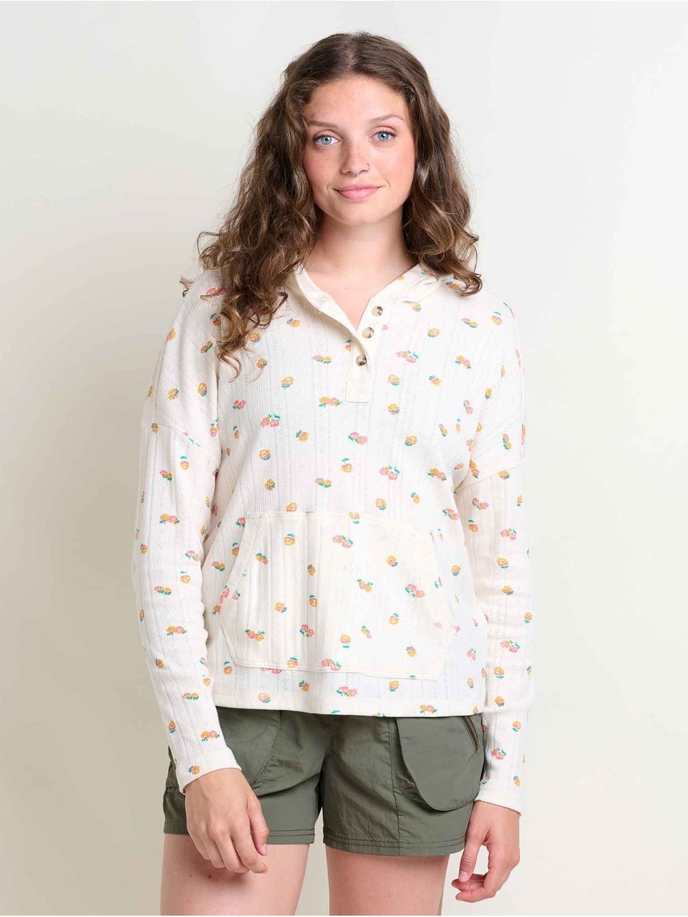 NWT Toad&Co Cream Hooded Henley Long Sleeve Pointelle Hoodie Nasturtium Print